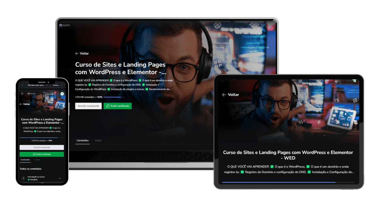 Plataforma do Curso de Sites e Landing Pages com WordPress e Elementor no computador, tablet e celular