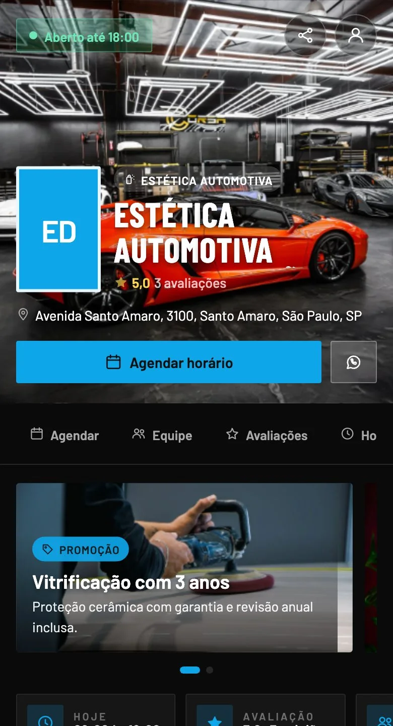 A página de agendamento no tema Estética automotiva