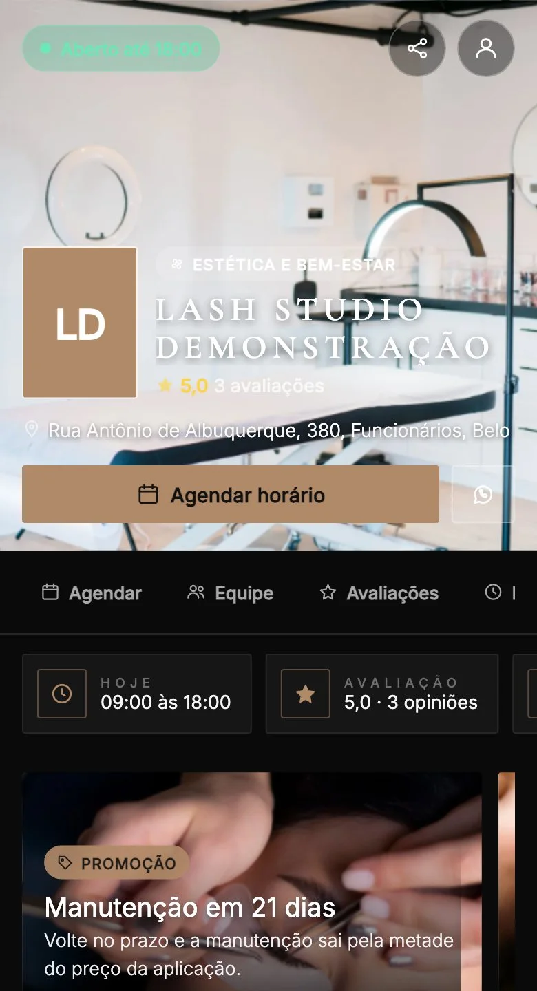 A página de agendamento no tema Cílios e sobrancelhas