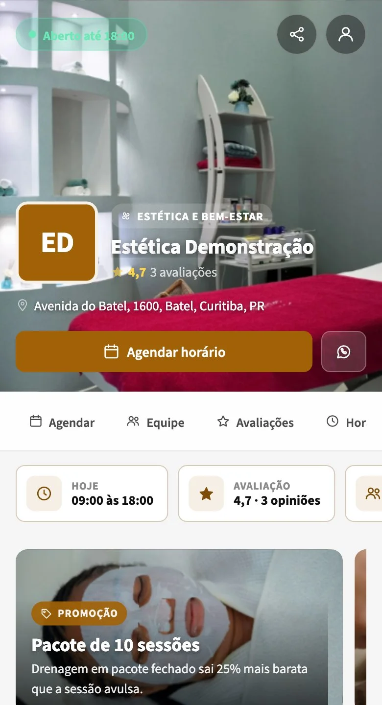 A página de agendamento no tema Estética e bem-estar