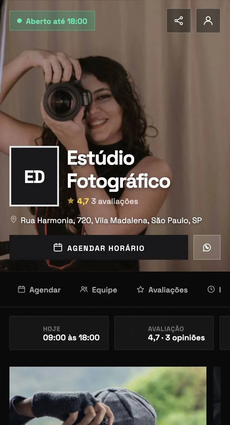 A página de agendamento no tema Estúdio de fotografia