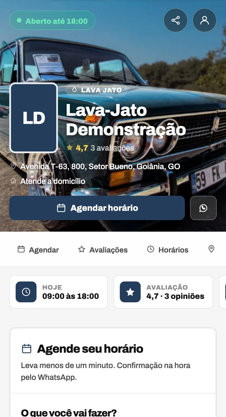 A página de agendamento no tema Lava-jato
