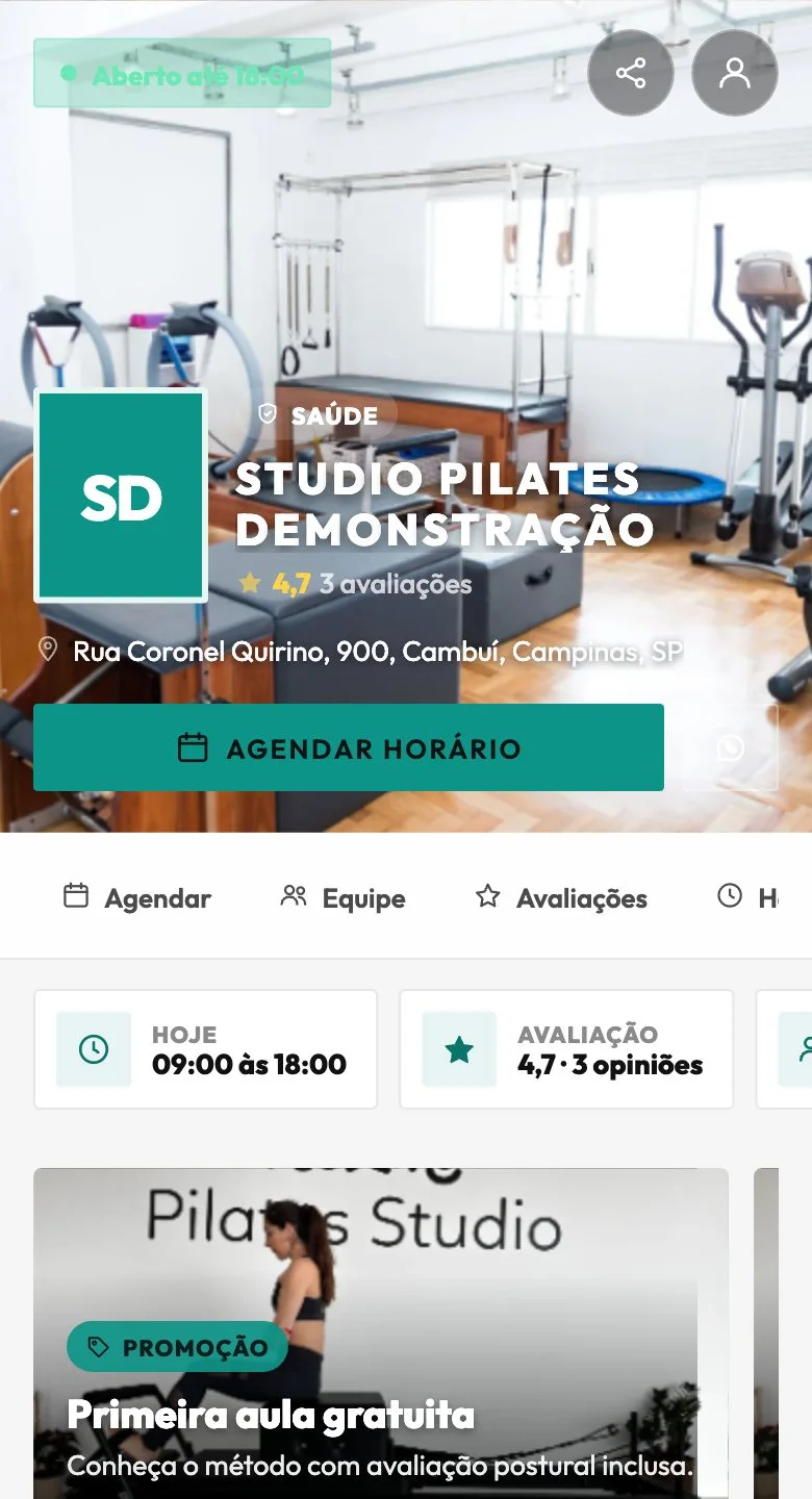 A página de agendamento no tema Pilates e academia