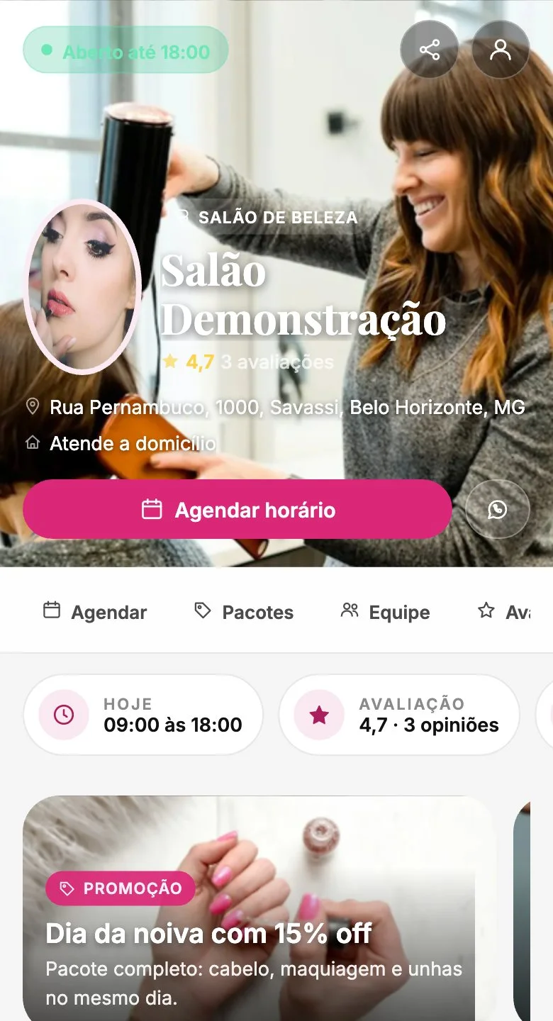 A página de agendamento no tema Salão de beleza