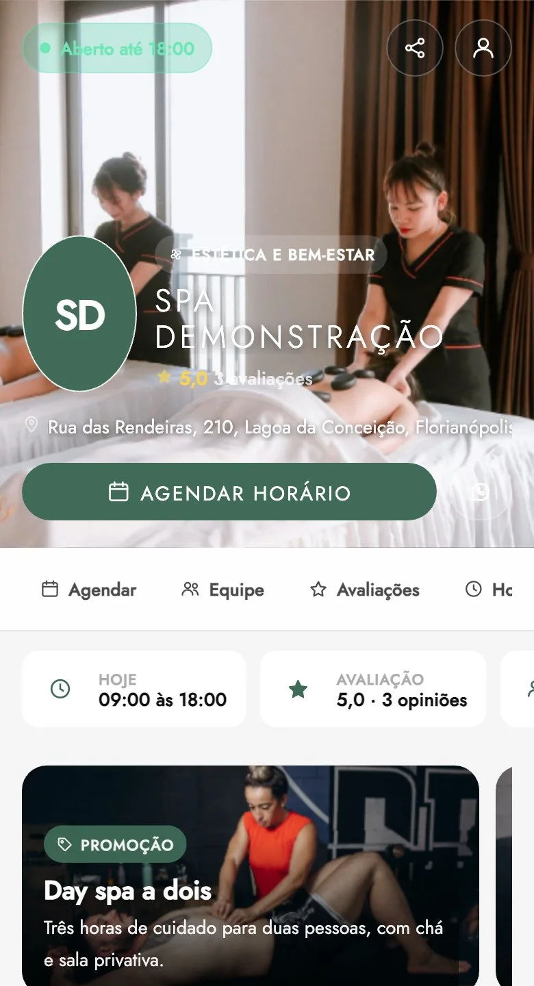 A página de agendamento no tema Massagem e spa