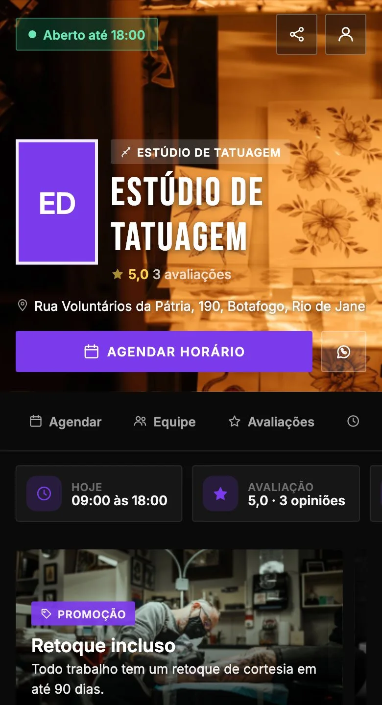 A página de agendamento no tema Estúdio de tatuagem