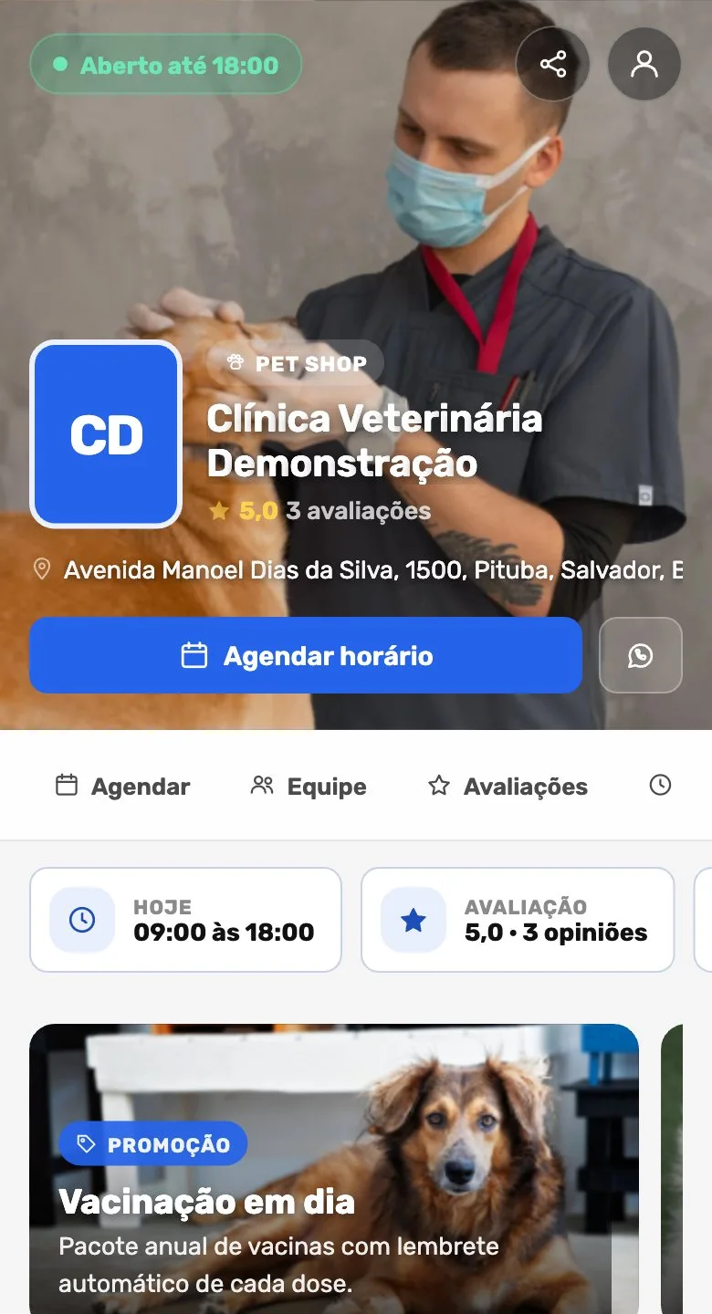 A página de agendamento no tema Clínica veterinária